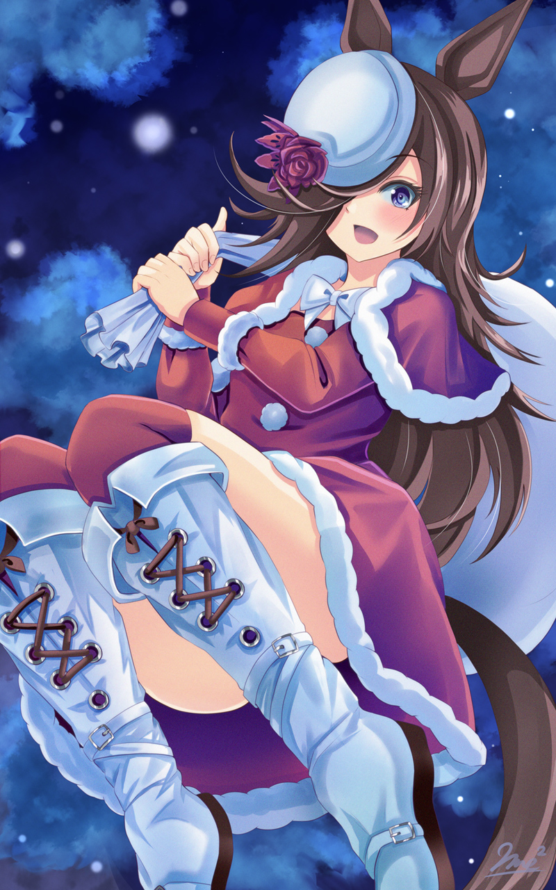 1girl :d animal_ears boots brown_hair capelet cloud commentary_request convenient_leg cross-laced_footwear dress flower fur-trimmed_capelet fur-trimmed_dress fur_trim hair_over_one_eye hat hat_flower highres holding holding_sack horse_ears horse_girl horse_tail lace-up_boots long_hair night night_sky outdoors purple_eyes red_capelet red_dress red_flower red_rose red_thighhighs rice_shower_(umamusume) rose sack signature sky smile solo tail thighhighs thighhighs_under_boots tilted_headwear umamusume very_long_hair white_footwear white_headwear yumibakama_meme