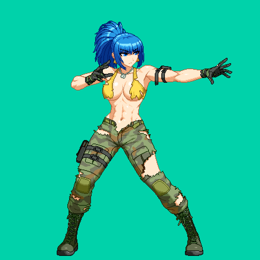 1girl abs aoi_ship arm_pouch bare_shoulders biceps blue_hair boots breasts camouflage camouflage_pants cargo_pants cleavage combat_boots crop_top dog_tags earrings jewelry large_breasts leona_heidern long_hair muscular muscular_female pants pixel_art ponytail simple_background snk soldier solo tank_top the_king_of_fighters the_king_of_fighters_xiv torn_clothes triangle_earrings yellow_tank_top