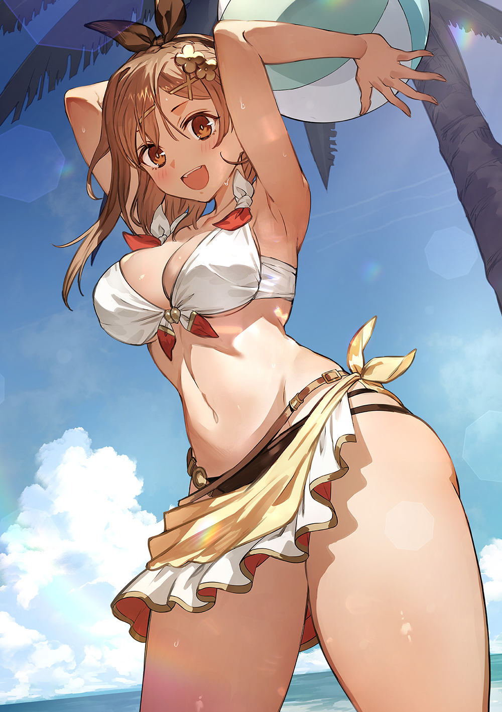 1girl :d armpits arms_up artist_request atelier_(series) atelier_ryza atelier_ryza_3 ball beachball bikini black_hairband blue_sky bow_hairband braid breasts brown_hair cloud clover_hair_ornament comiket_103 crown_braid hair_ornament hairband hairclip highres holding holding_ball holding_beachball large_breasts looking_at_viewer multi-strapped_bikini_bottom navel ocean official_art outdoors palm_tree reisalin_stout sarong short_hair single_sidelock sky smile solo sunlight swimsuit thighs tree upper_body wet white_bikini x_hair_ornament yellow_sarong