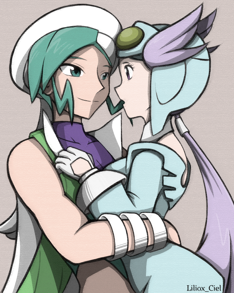 1boy 1girl aqua_eyes aqua_hair gym_leader hug mikuri_(pokemon) nagi_(pokemon) pokemon pokemon_(game) pokemon_oras purple_eyes purple_hair