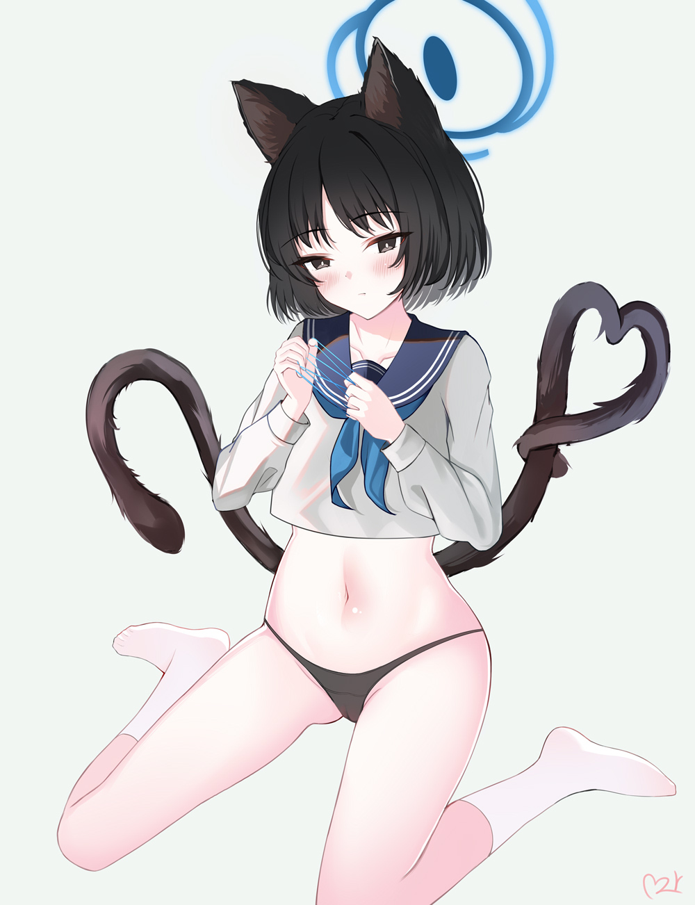 1girl animal_ears black_eyes black_hair black_panties black_sailor_collar blue_archive blue_halo blue_neckerchief cat's_cradle cat_ears cat_tail closed_mouth grey_eyes groin halo highres kikyou_(blue_archive) long_sleeves multiple_tails neckerchief no_pants panties sailor_collar school_uniform serafuku short_hair signature simple_background socks solo tail teeth_bro two_tails underwear white_socks