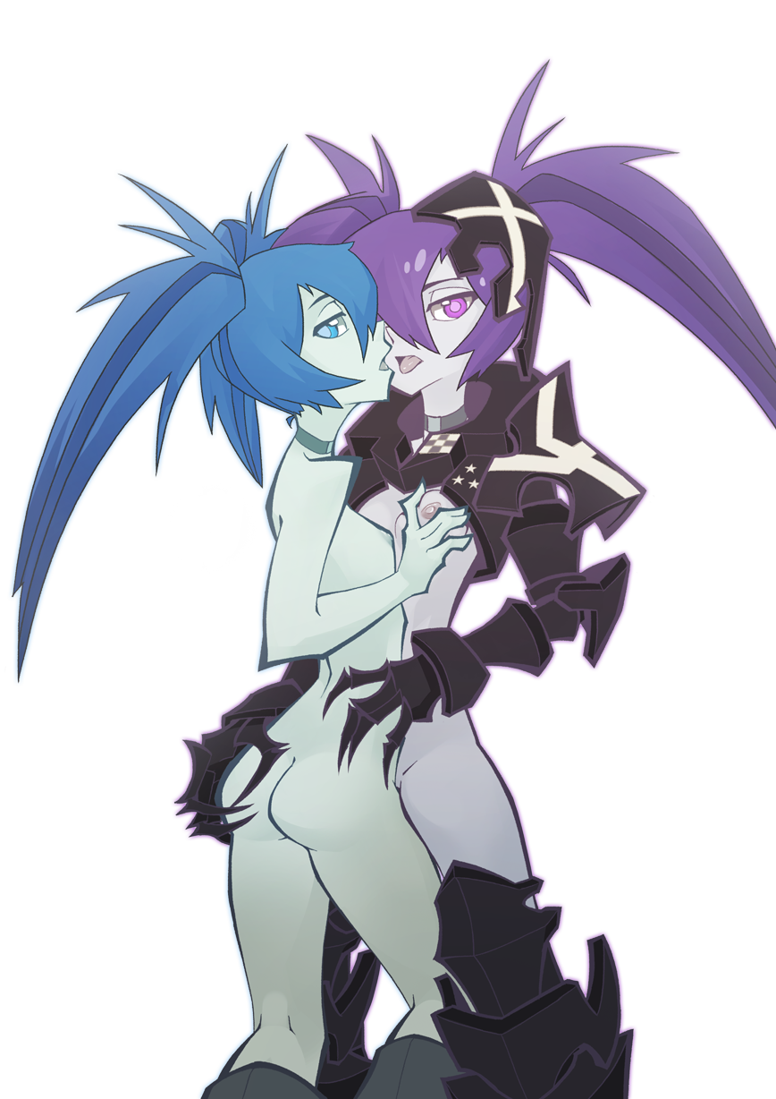 2girls ass ass_grab black_rock_shooter black_rock_shooter_(character) blue_eyes blue_hair breast_grab clothed_female_nude_female dual_persona french_kiss gauntlets grabbing greaves grey_skin groping hair_over_one_eye insane_black_rock_shooter kiss multiple_girls nipples purple_eyes purple_hair selfcest small_breasts szymon_hedinn_kuran tongue_out twintails yuri