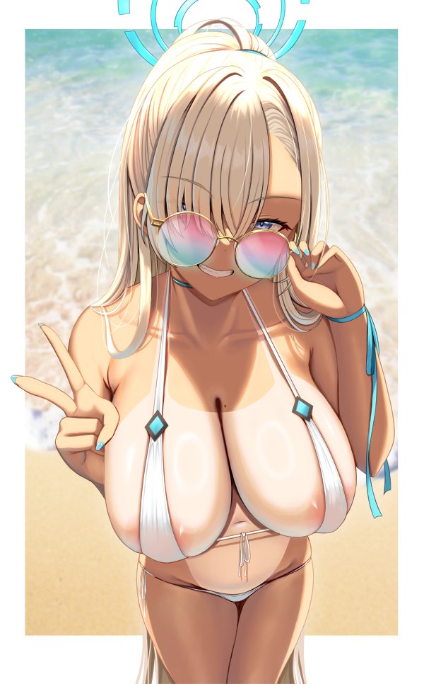 adjusting_eyewear asuna_(blue_archive) beach bikini blue_archive blue_halo breasts cleaning_&amp;_clearing_(blue_archive) covered_nipples day hair_over_one_eye halo holding holding_removed_eyewear light_brown_hair long_hair looking_at_viewer mole mole_on_breast navel ocean one-piece_tan outdoors round_eyewear sand smile sunglasses swimsuit tan tanlines tinted_eyewear unworn_eyewear v water white_bikini zukky