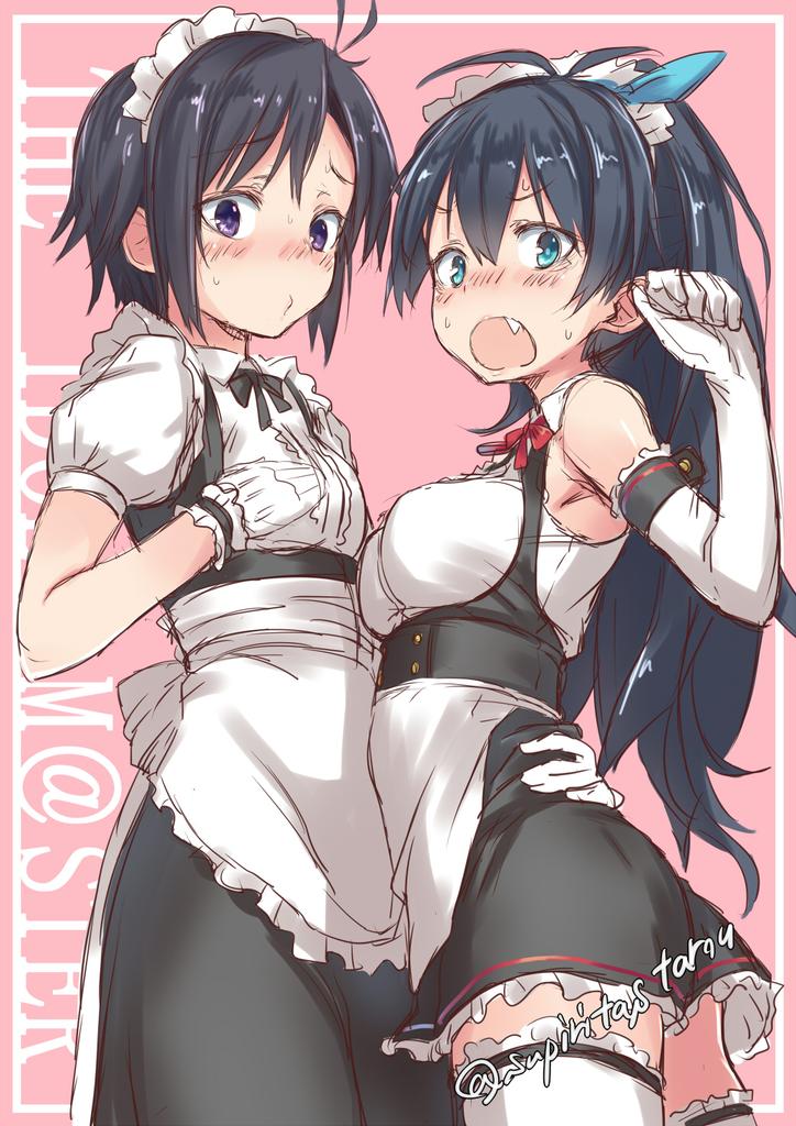 2girls antenna_hair apron bare_shoulders black_bow black_bowtie black_hair black_skirt blue_eyes blue_ribbon blush bow bowtie breasts clenched_hand commentary elbow_gloves embarrassed english_text fang frilled_apron frilled_shirt frills from_side ganaha_hibiki gloves hair_bow hair_ribbon hand_on_another's_waist hand_up idolmaster idolmaster_(classic) idolmaster_million_live! idolmaster_million_live!_theater_days kikuchi_makoto long_hair looking_at_viewer maid maid_headdress medium_breasts miniskirt multiple_girls open_mouth pink_background ponytail puffy_short_sleeves puffy_sleeves purple_eyes red_bow red_bowtie ribbon shirt short_hair short_sleeves simple_background skirt sleeveless sleeveless_shirt small_breasts spirytus_tarou suspender_skirt suspenders sweat thighhighs twitter_username waist_apron waist_bow white_apron white_bow white_gloves white_shirt white_thighhighs zettai_ryouiki