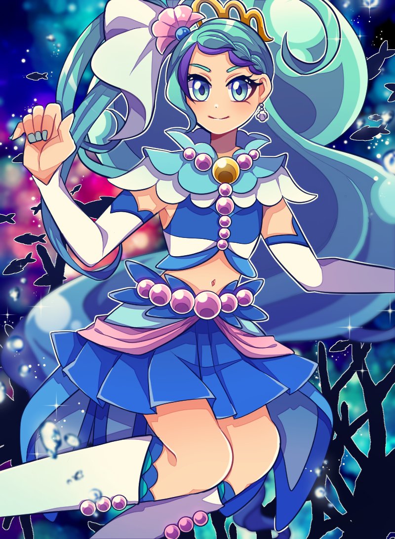 1girl 1jumangoku beads blue_collar blue_eyes blue_hair blue_nails blue_shirt blue_skirt braid bubble closed_mouth collar commentary_request coral cure_mermaid detached_sleeves earrings feet_out_of_frame fish galaxy gem go!_princess_precure gradient_hair jewelry kneehighs lace-trimmed_socks light_blush long_eyelashes long_hair looking_at_viewer loose_hair_strand magical_girl midriff miniskirt multicolored_hair nail_polish navel pearl_(gemstone) pleated_skirt precure shell shell_earrings shell_hair_ornament shirt simple_background single_braid skirt sleeveless sleeveless_shirt smile socks solo sparkle tiara underwater very_long_hair vest wavy_hair white_sleeves white_socks white_vest yellow_headwear