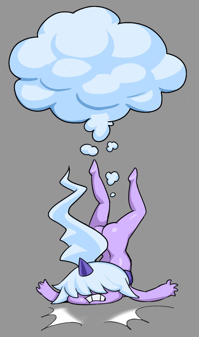 1_horn air_creature air_humanoid bottomless butt clothed clothing cloud cloud_humanoid dazzi_(pal) elemental_creature elemental_humanoid falling female flat_chested grey_background hair hair_over_eyes horn horned_humanoid humanoid living_cloud mammal mario-grant pal_(species) palworld purple_body simple_background solo split_form topwear tube_top white_hair