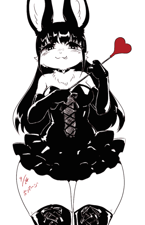 1girl artist_request black_clothes black_eyes black_hair boots furry long_hair monochrome simple_background solo tounge