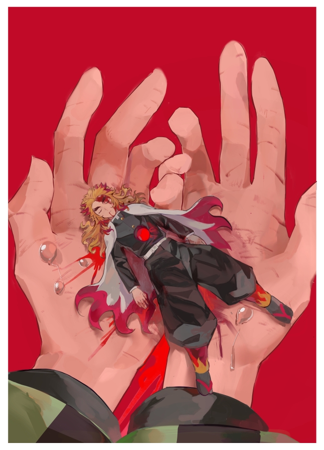 1boy arms_at_sides black_pants black_socks blonde_hair blood blood_on_face cape checkered_clothes closed_eyes colored_tips cupping_hands death demon_slayer_uniform flame_print forked_eyebrows haori holding holding_sword holding_weapon hole_on_body in_palm japanese_clothes kamado_tanjirou katana kimetsu_no_yaiba long_hair long_sleeves lying male_focus mimiko_(earnothungry) mini_person miniboy multicolored_hair on_back own_hands_together pants pants_tucked_in pov pov_hands puffy_pants red_background red_hair rengoku_kyoujurou sandals shin_guards size_difference socks solo_focus streaked_hair sword tabi tears water weapon white_cape zouri