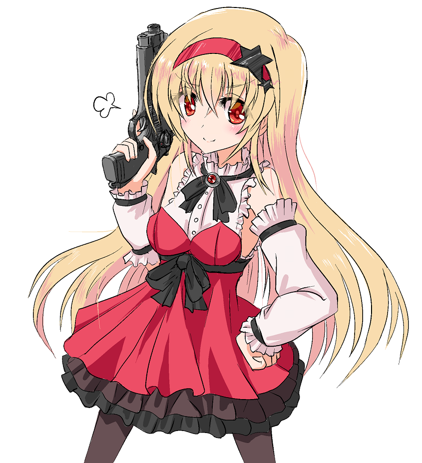 1girl aliage armpits beretta_92 blonde_hair breasts closed_mouth detached_sleeves girls'_frontline gun handgun headband holding holding_gun holding_weapon looking_at_viewer m9_(girls'_frontline) medium_breasts pantyhose smile smug solo trigger_discipline weapon white_background