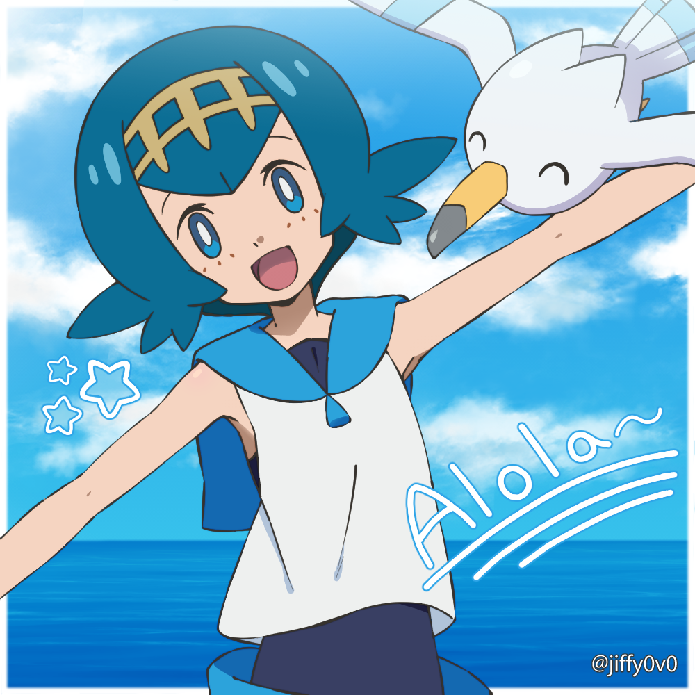 1girl :d bare_arms blue_eyes blue_hair blue_sailor_collar bright_pupils cloud commentary day hairband jiffy0v0 lana_(pokemon) open_mouth outdoors outstretched_arms pokemon pokemon_(creature) pokemon_sm sailor_collar shirt short_hair sky sleeveless sleeveless_shirt smile star_(symbol) swimsuit swimsuit_under_clothes tongue white_pupils white_shirt wingull yellow_hairband