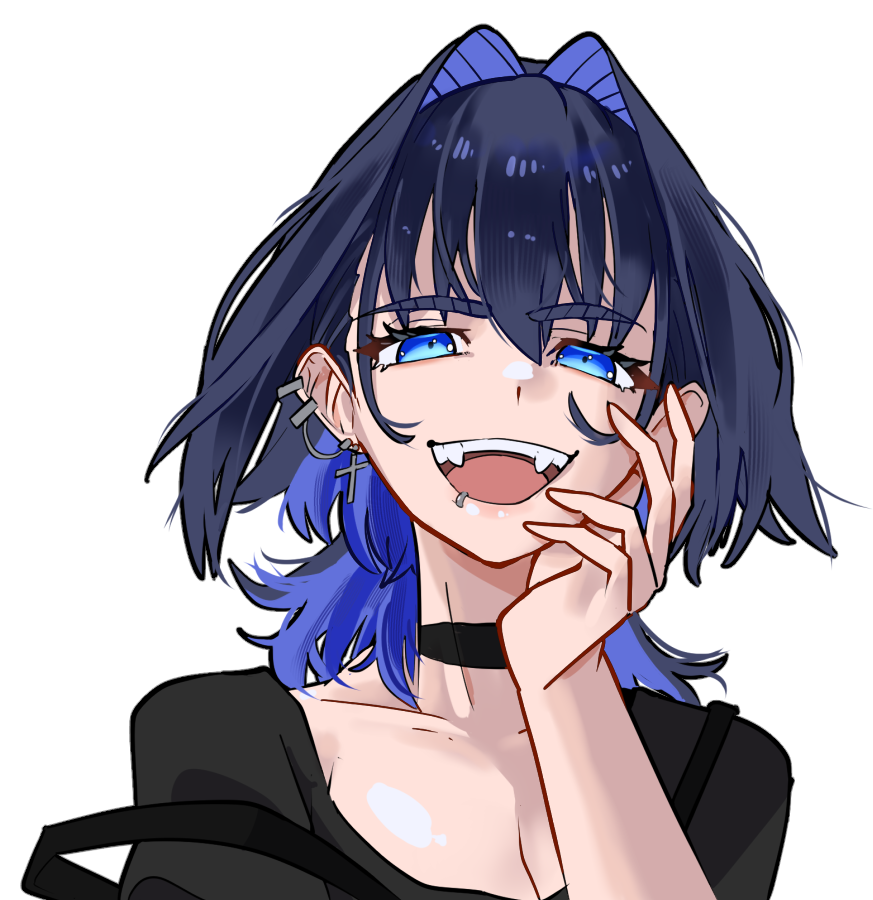 1girl blue_eyes blue_hair choker cross cross_earrings earrings fangs hair_between_eyes hair_intakes hololive hololive_english jewelry koizumi_arata looking_at_viewer medium_hair open_mouth ouro_kronii teeth tongue transparent_background upper_body