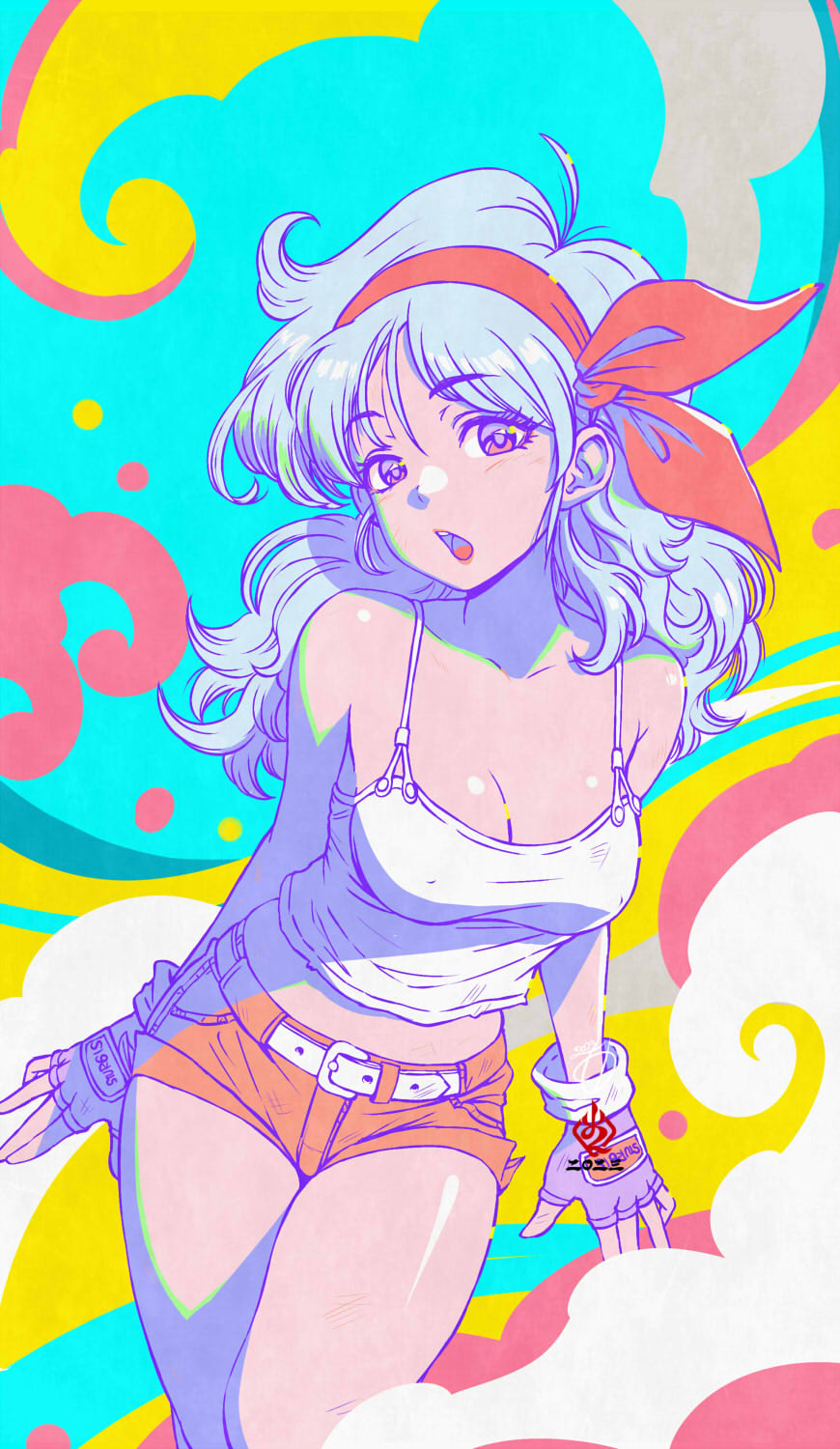 1girl abstract_background aqua_hair bare_shoulders belt breasts cleavage dragon_ball dragon_ball_(classic) fingerless_gloves gloves hairband highres kanchiyo looking_at_viewer lunch_(dragon_ball) midriff multicolored_background open_mouth red_hairband short_shorts shorts tank_top thighs white_tank_top