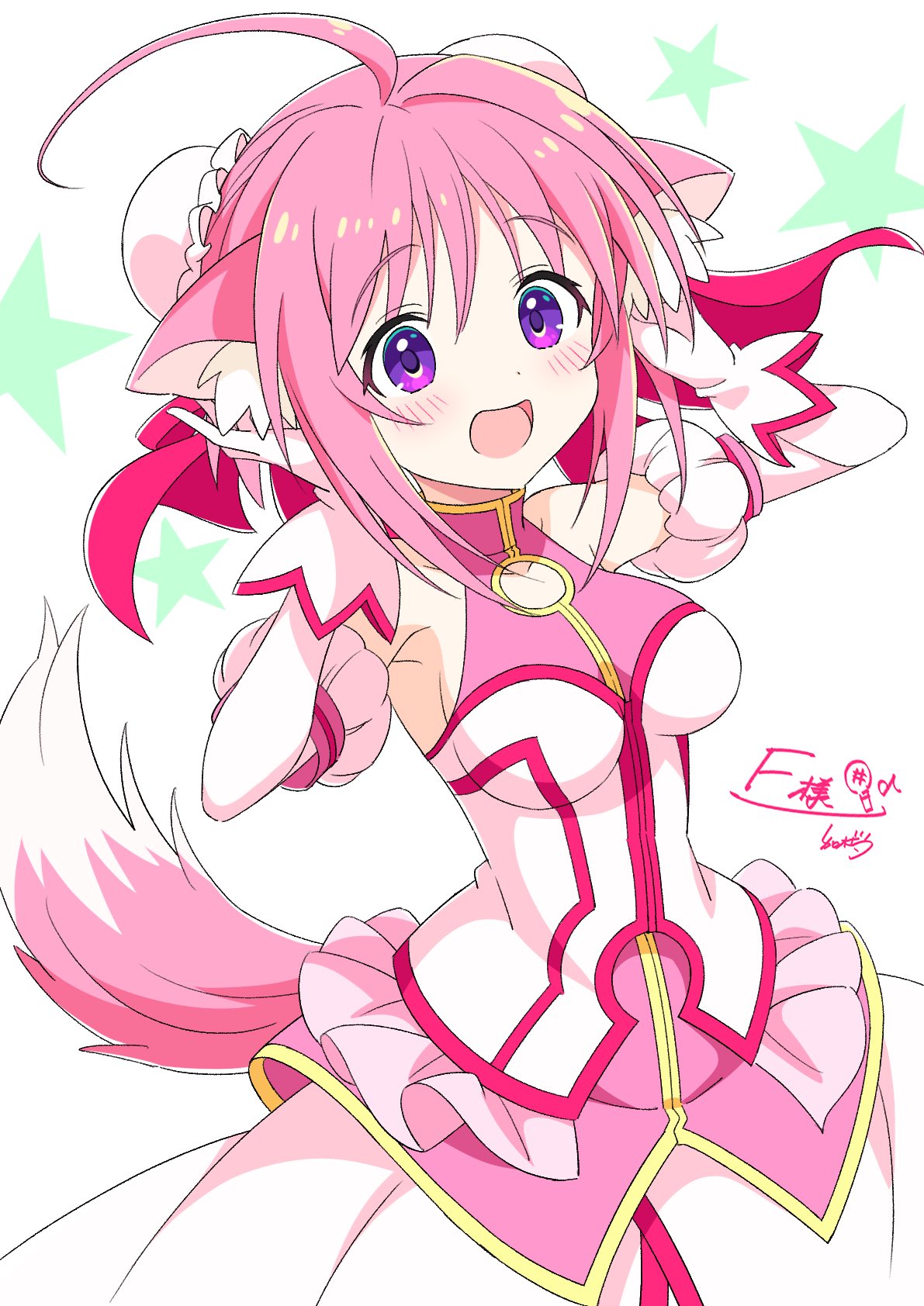 1girl :d ahoge animal_ears blush breasts commission dog_days dog_ears dog_girl dog_tail gloves hair_bun highres kamuraaa_615 looking_at_viewer medium_breasts millhiore_f._biscotti open_mouth pink_hair purple_eyes short_hair signature single_hair_bun skeb_commission skirt smile solo starry_background tail white_background white_gloves white_skirt