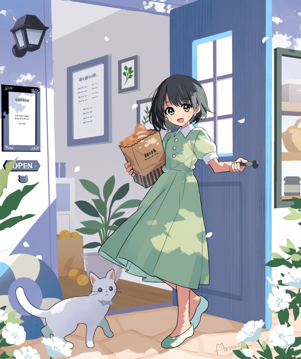 1girl :d animal arisa_(aren) artist_name bag black_hair blush bread buttons cat collared_dress commentary_request dappled_sunlight day door doorway dress flower food full_body green_dress green_eyes green_footwear groceries highres holding holding_bag long_dress looking_at_viewer open_door open_mouth opening_door original paper_bag picture_frame plant pleated_dress potted_plant puffy_short_sleeves puffy_sleeves shoes short_hair short_sleeves signature smile solo standing sunlight white_cat white_flower wind