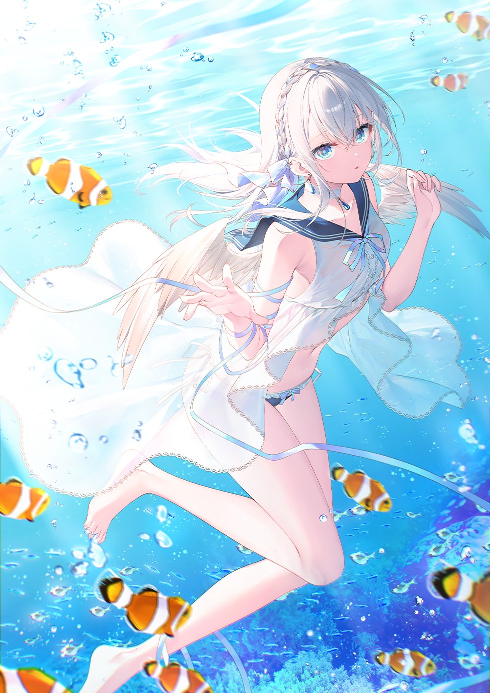 1girl barefoot bikini blue_eyes blue_panties blue_ribbon blue_string blue_theme braid choker ciel_(toosaka_asagi) clownfish dress fish frilled_panties frills highres jewelry long_hair ocean open_mouth original panties ribbon sailor_collar sleeveless solo string swimsuit thighs toosaka_asagi tropical_fish underwater underwear water white_dress white_hair wings