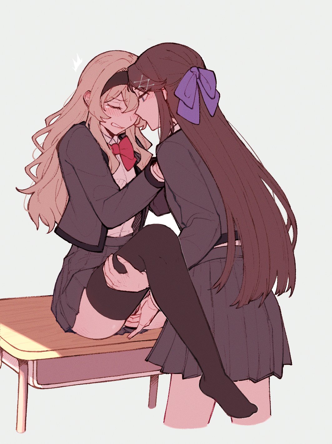 2girls ^^^ black_hairband black_thighhighs blonde_hair blush bow bowtie brown_hair clenched_teeth closed_eyes closed_mouth collared_shirt commentary cowboy_shot cropped_legs desk face-to-face fingering fingering_through_clothes fingering_through_panties grey_background grey_jacket grey_skirt hair_between_eyes hair_bow hair_ornament hairband half_updo hand_on_another's_thigh hands_up highres jacket leg_up long_hair long_sleeves looking_at_another miniskirt multiple_girls no_shoes on_desk open_clothes open_jacket parted_lips pleated_skirt profile purple_bow purple_eyes red_bow red_bowtie rickonrk saijou_claudine school_desk school_uniform seishou_music_academy_uniform shirt shirt_tucked_in shoujo_kageki_revue_starlight sidelocks simple_background sitting sitting_on_desk skirt standing symbol-only_commentary tearing_up teeth tendou_maya thighhighs through_clothes very_long_hair wavy_hair white_shirt x_hair_ornament yuri