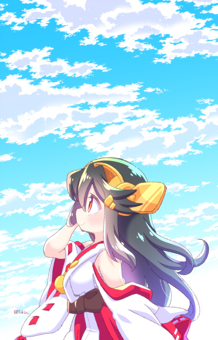 1girl black_hair blush breasts cloud day detached_sleeves from_side hair_between_eyes haruna_(kancolle) headgear japanese_clothes kantai_collection long_hair looking_at_viewer nontraditional_miko outdoors profile red_eyes ribbon-trimmed_sleeves ribbon_trim sky smile solo tsukko_(3ki2ne10) very_long_hair wide_sleeves