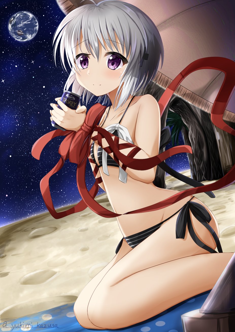 1girl ahoge alternate_costume arm_ribbon bare_legs bare_shoulders bikini black_bikini blanket blush bow brand_name_imitation can closed_mouth collarbone commentary_request dutch_angle earth_(planet) feet_out_of_frame from_side grey_hair hair_between_eyes hands_up highres holding holding_can kagari_(rewrite) long_ribbon looking_at_viewer moon partial_commentary planet purple_eyes red_bow red_ribbon rewrite ribbon short_hair side-tie_bikini_bottom sky smile solo space split_mouth spoilers star_(sky) starry_sky striped_bikini striped_clothes swimsuit tree twitter_username wrist_bow yukimi_kazusa