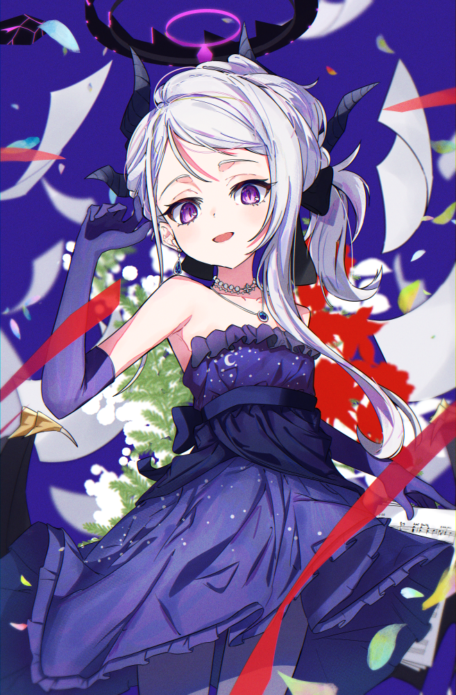1girl armpits black_horns black_wings blue_archive blush commentary cowboy_shot demon_horns demon_wings dress elbow_gloves gloves grey_hair halo hanozuku hina_(blue_archive) hina_(dress)_(blue_archive) holding holding_paper horns long_hair looking_at_viewer multiple_horns official_alternate_costume official_alternate_hairstyle open_mouth pantyhose paper purple_dress purple_eyes purple_gloves purple_pantyhose sheet_music smile solo strapless strapless_dress wings