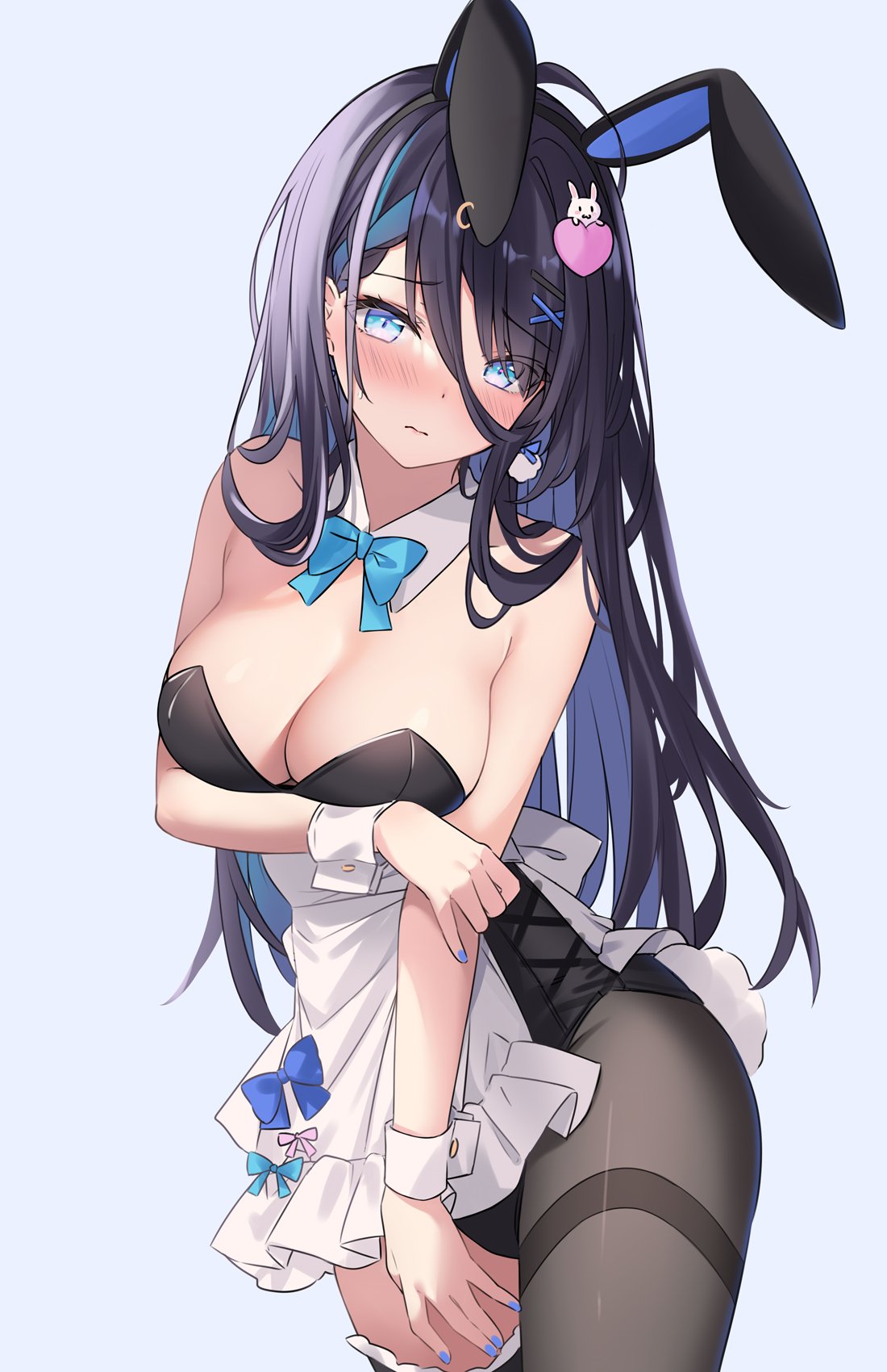 1girl animal_ears apron bare_shoulders black_hair black_leotard blue_background blue_eyes blush bow bowtie breasts brown_pantyhose cleavage commentary covered_navel detached_collar fake_animal_ears highleg highleg_leotard highres hitsukuya large_breasts leotard long_hair looking_at_viewer original pantyhose playboy_bunny rabbit_ears rabbit_tail simple_background solo symbol-only_commentary tail thighband_pantyhose thighs waist_apron white_apron wrist_cuffs