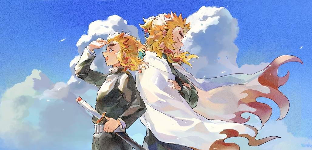 2boys age_comparison aged_down back-to-back belt blonde_hair cape closed_eyes closed_mouth cloud colored_tips day demon_slayer_uniform dual_persona facing_ahead flame_print floating_clothes floating_hair forked_eyebrows hand_up holding holding_sword holding_weapon katana kimetsu_no_yaiba long_hair long_sleeves looking_ahead male_focus medium_hair mimiko_(earnothungry) multicolored_hair multiple_boys open_mouth red_hair rengoku_kyoujurou shading_eyes sky smile streaked_hair sword upper_body weapon white_cape wind