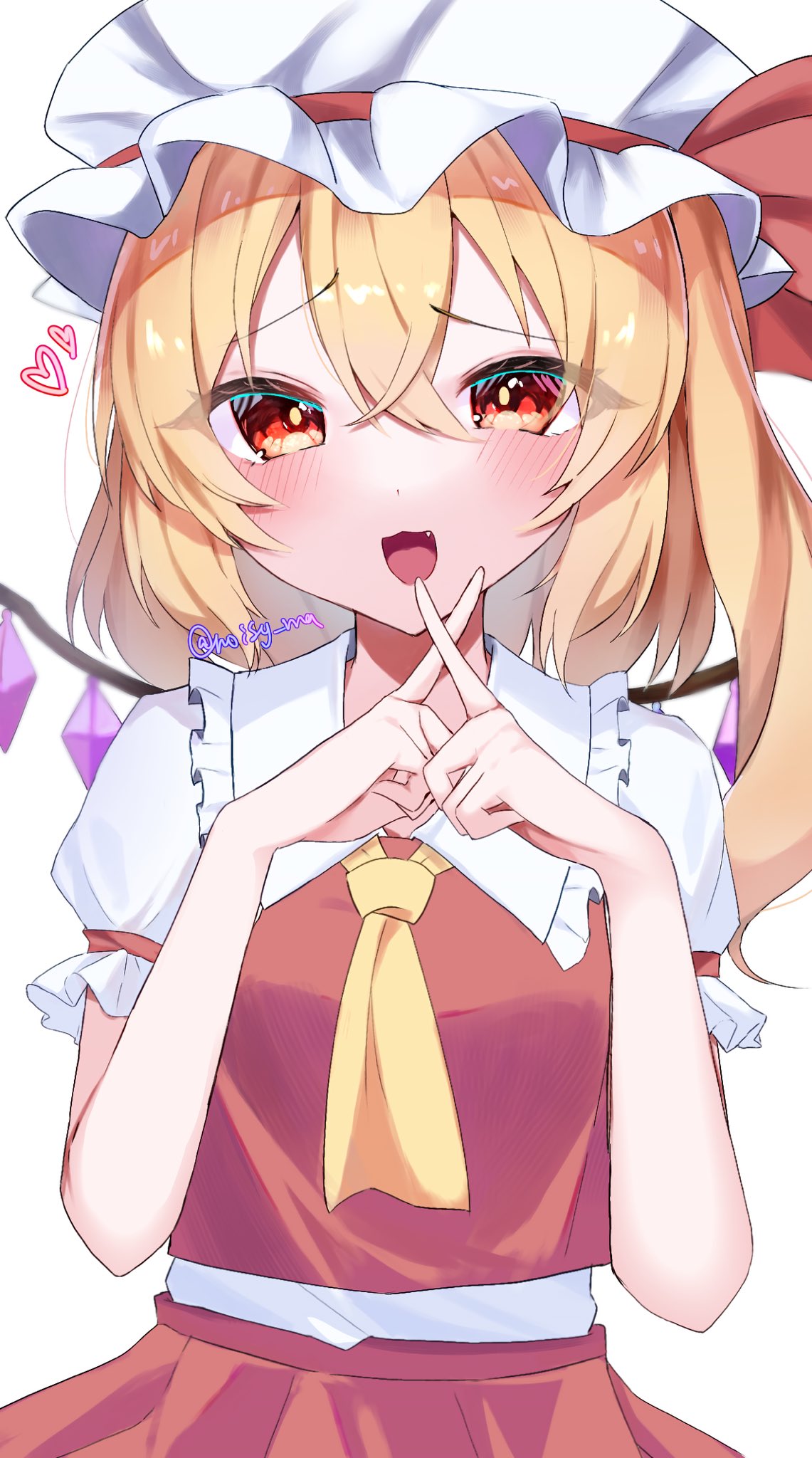 1girl :3 artist_name ascot blonde_hair blush commentary_request crossed_bangs crossed_fingers crystal double-parted_bangs eyelashes eyes_visible_through_hair fang flandre_scarlet frilled_shirt_collar frills hands_up hat heart highres index_fingers_raised looking_at_viewer medium_hair mob_cap noisy_ma open_mouth puffy_short_sleeves puffy_sleeves red_eyes red_vest shirt short_sleeves side_ponytail simple_background smile solo touhou tsurime twitter_username upper_body vest white_background white_headwear white_shirt wings x_fingers yellow_ascot