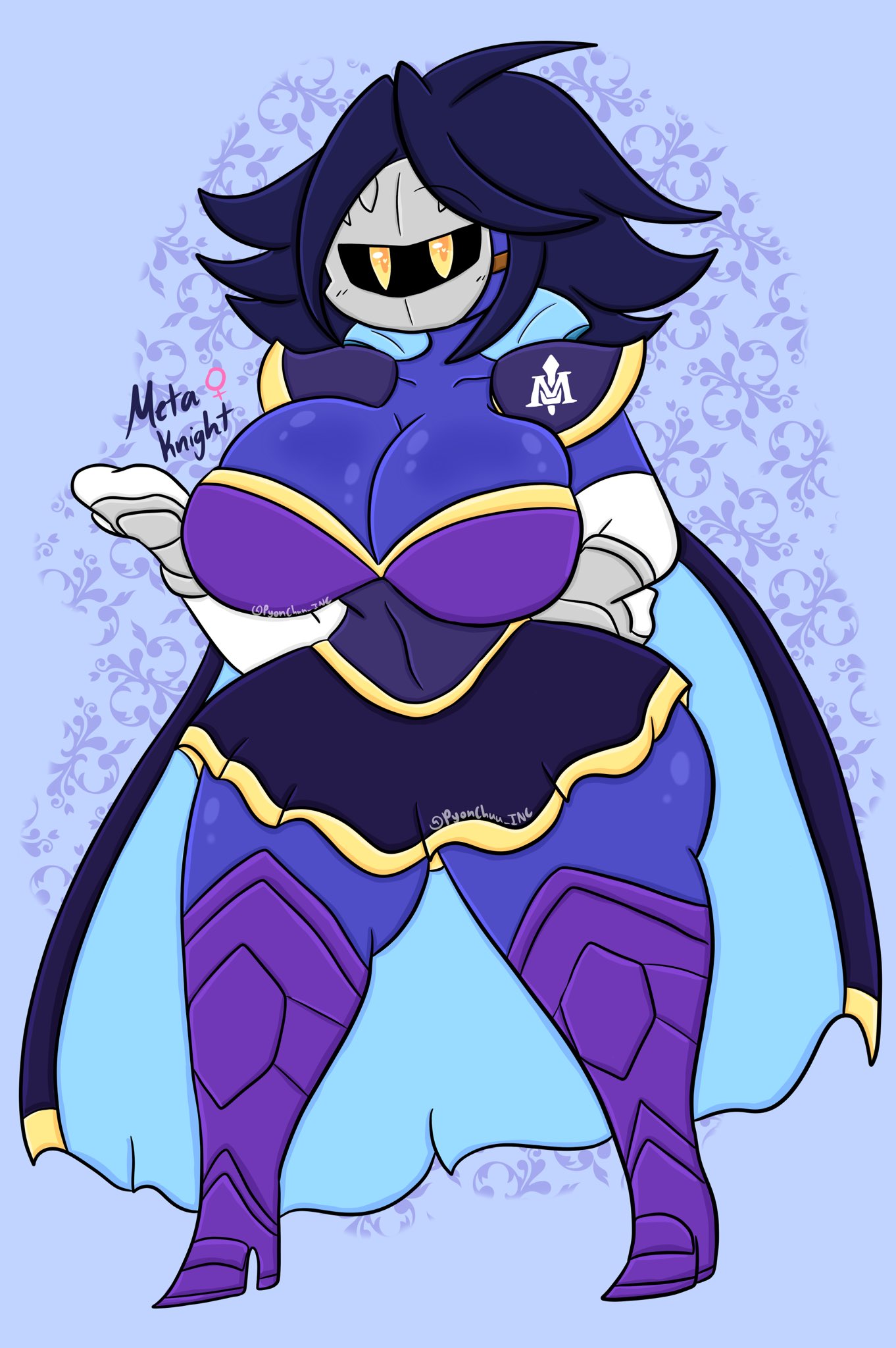 armor big_breasts blue_body bottomwear breasts cape clothing crossgender female hi_res humanoid kirby's_return_to_dream_land kirby's_return_to_dream_land_deluxe kirby_(series) lewdchuu_(artist) mask meta_knight nintendo skirt solo waddling_head