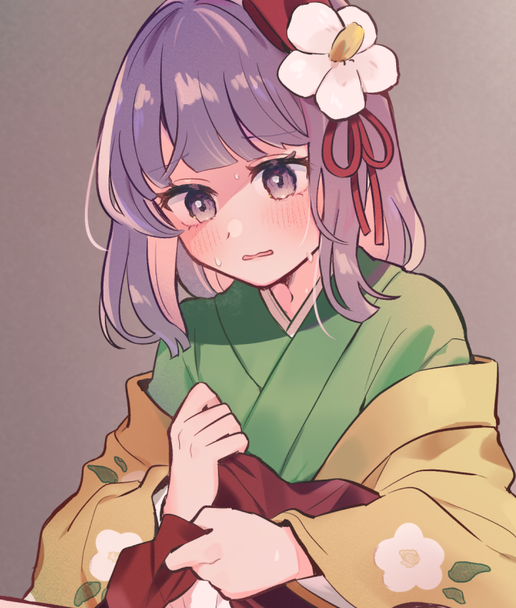 1girl crying floral_print_kimono flower green_kimono grey_background hair_flower hair_ornament hieda_no_akyuu japanese_clothes kimono long_sleeves looking_down mozukuzu_(manukedori) purple_eyes purple_hair solo touhou white_flower yellow_kimono