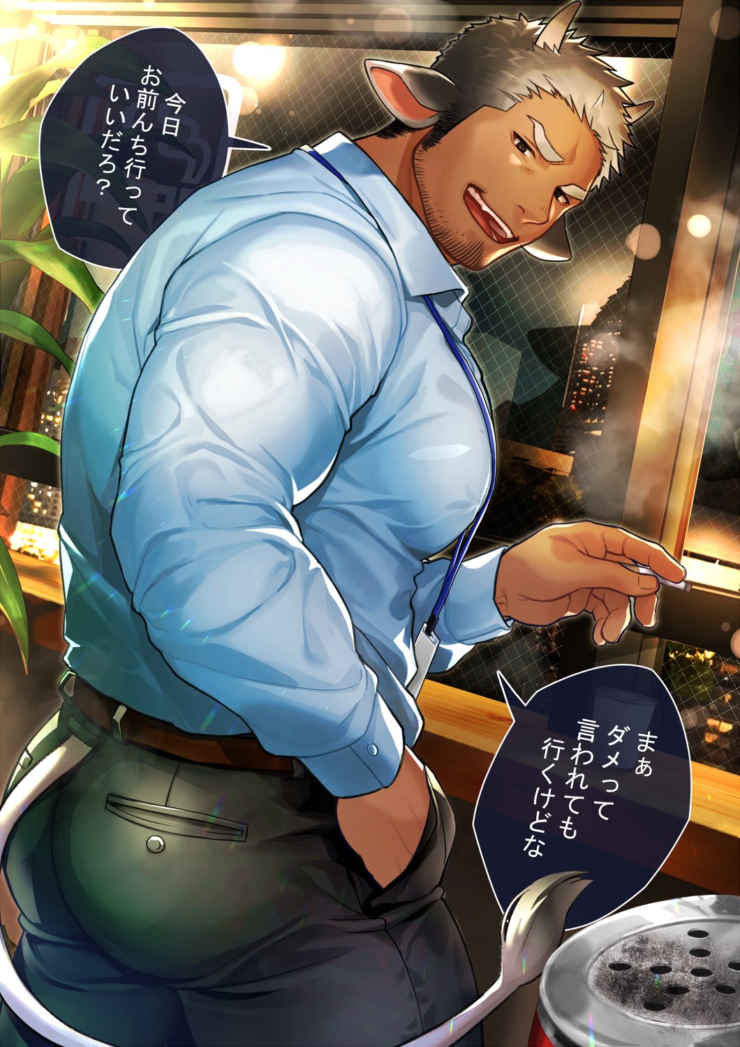 1boy animal_ears bara belt black_pants blue_shirt brown_belt cigarette collared_shirt cow_boy cow_ears cow_horns cow_tail facial_hair gozu_farm hand_in_pocket highres holding holding_cigarette horns indoors large_pectorals looking_at_viewer male_focus muscular muscular_male open_mouth original pants pectorals shirt smile solo tail translation_request