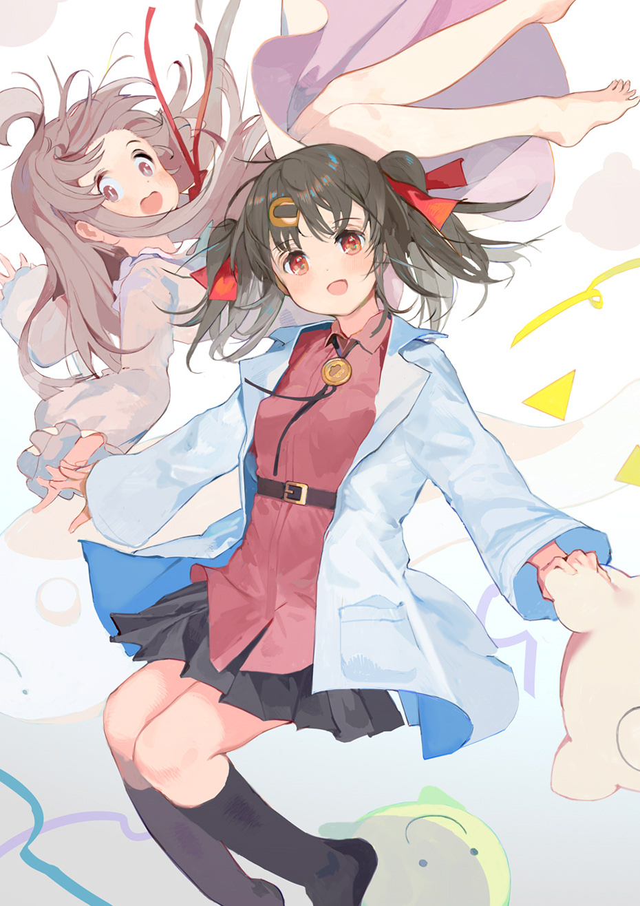 2girls :d :o ahoge bare_legs barefoot belt black_ribbon black_skirt black_socks bolo_tie brown_eyes c: coat commentary dot_nose grey_hair hair_ribbon highres kneehighs lab_coat light_blush long_hair long_sleeves looking_at_viewer medium_hair mizopost multiple_girls onii-chan_wa_oshimai! open_clothes open_coat open_mouth oyama_mahiro oyama_mihari pleated_skirt red_eyes red_ribbon red_shirt ribbon shirt siblings simple_background sisters skirt smile socks streamers stuffed_toy twintails untucked_shirt white_background wing_collar