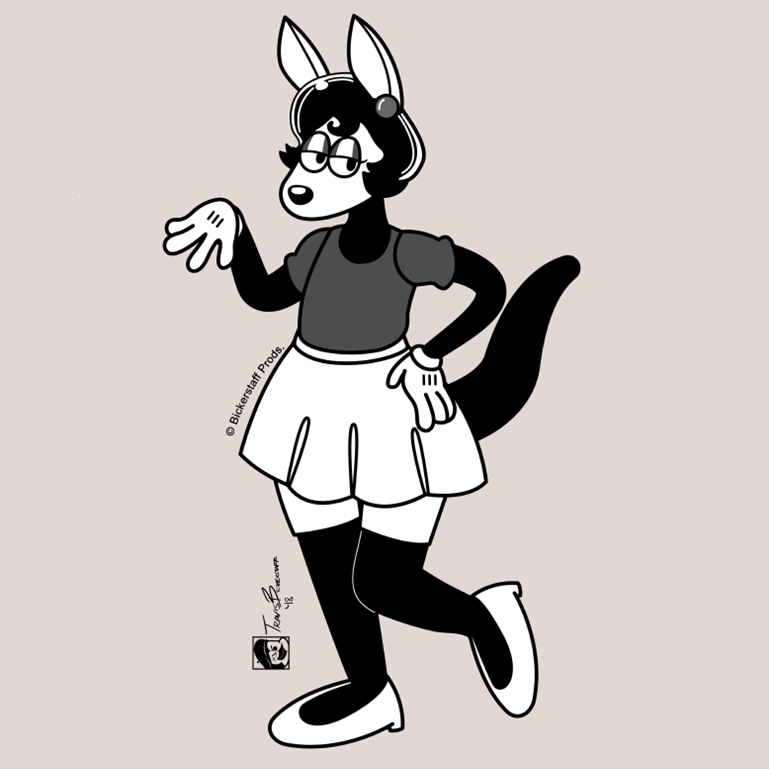 2018 4_fingers anthro bickpixx black_body black_hair black_nose black_tail bottomwear clothing digital_media_(artwork) female fingers footwear gloves grey_background greyscale hair hand_on_hip handwear inkblot kangaroo lidded_eyes macropod mammal marsupial monochrome narrowed_eyes shelley_(bickpixx) shiny_eyelids shoes simple_background skirt solo tail thick_tail white_bottomwear white_clothing white_ears white_footwear white_gloves white_handwear white_shoes white_skirt