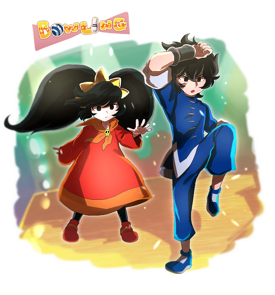 1boy 1girl ashley_(warioware) ashley_graves black_eyes black_hair blue_footwear blue_pants chiimako dress hair_between_eyes long_hair looking_at_viewer pants shoes short_hair skull_ornament warioware young_cricket