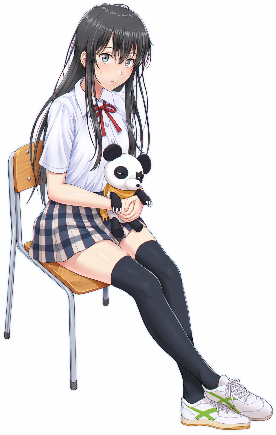 1girl black_hair blue_eyes chair closed_mouth collared_shirt doll full_body highres holding holding_doll long_hair looking_at_viewer neck_ribbon nigou plaid plaid_skirt red_ribbon ribbon school_uniform shirt short_sleeves simple_background sitting skirt sobu_high_school_uniform solo stuffed_animal stuffed_panda stuffed_toy white_shirt yahari_ore_no_seishun_lovecome_wa_machigatteiru. yukinoshita_yukino