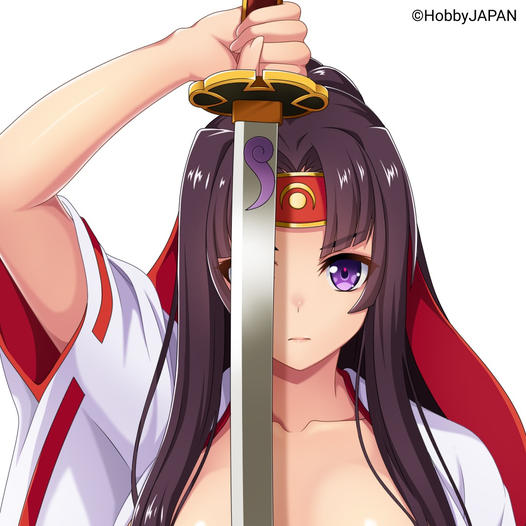 1girl ad arm_up black_hair closed_mouth company_name dot_nose hairband headband holding holding_sword holding_weapon japanese_clothes kimono long_hair looking_at_viewer official_art one_eye_covered open_clothes open_kimono promotional_art purple_eyes queen's_blade red_hairband short_sleeves sidelocks simple_background solo straight-on sword tomoe_(queen's_blade) weapon white_background white_kimono wide_sleeves