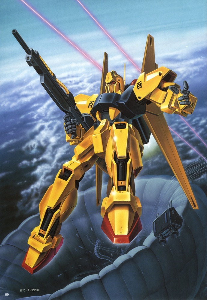 1980s_(style) battle beam_rifle cable cloud damaged energy_beam energy_gun flying freefall gundam hasegawa_masayuki hyaku_shiki jetpack machinery mecha no_humans official_art parachute promotional_art radio_antenna realistic red_eyes retro_artstyle robot scan science_fiction thrusters traditional_media weapon zeta_gundam