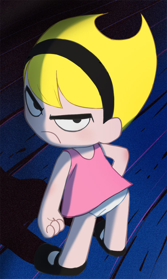 1girl blonde_hair clenched_hand closed_mouth dress frown full_body hairband haruyama_kazunori long_hair looking_at_viewer mandy_(grim_adventures) official_style panties pink_dress shadow short_hair skirt solo the_grim_adventures_of_billy_&amp;_mandy underwear white_panties wooden_floor