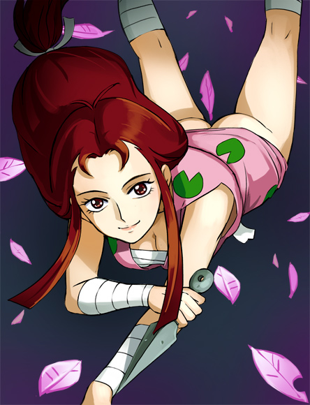 1girl ass bandaged_arm bandages breasts brown_eyes brown_hair character_request cleavage closed_mouth haruyama_kazunori holding holding_weapon japanese_clothes kunai long_hair looking_at_viewer ninja ponytail retro_artstyle skirt smile solo weapon