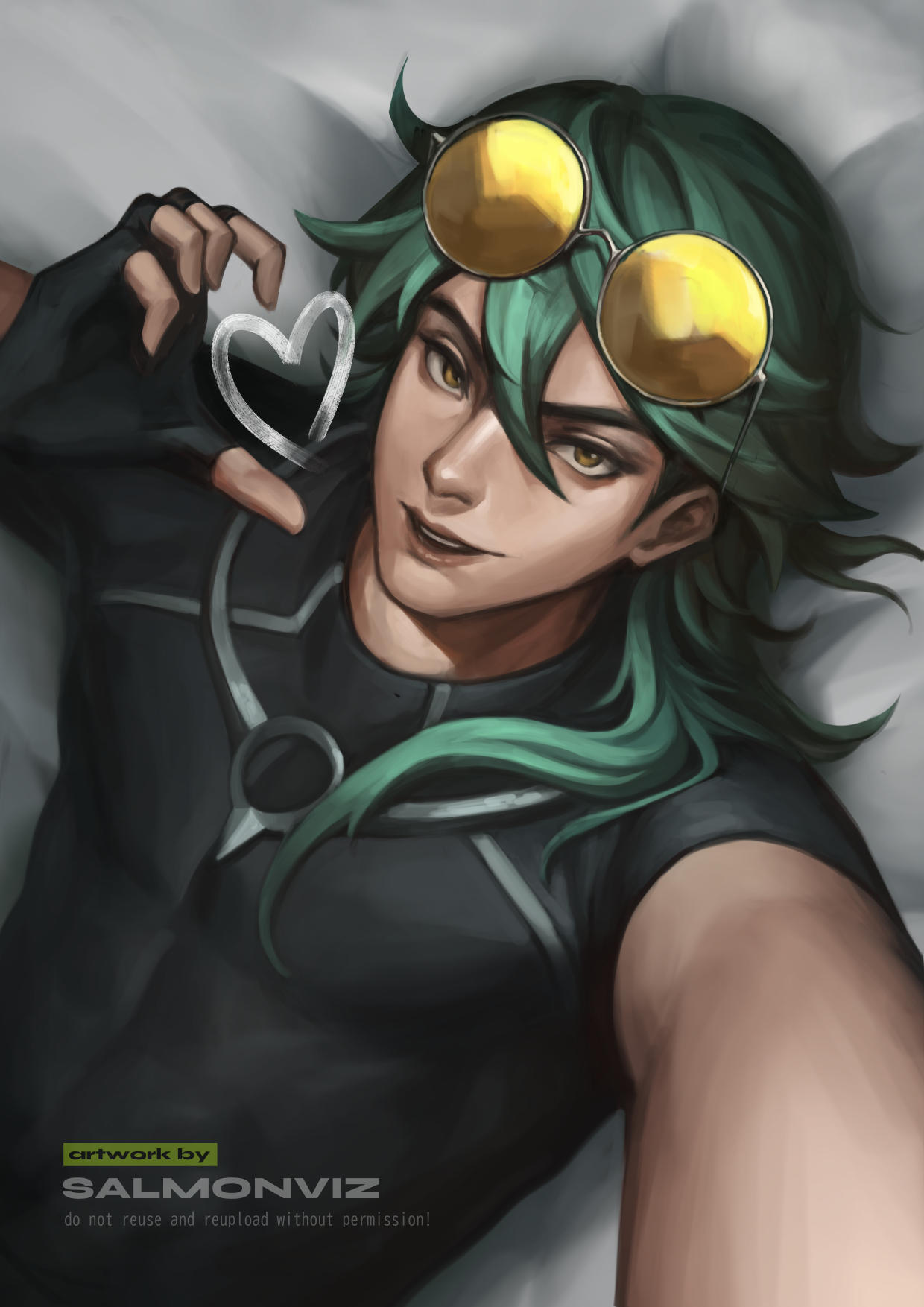 1boy abs black_shirt compression_shirt eyewear_on_head ezreal glasses green_hair heart heart_hands heartsteel_(league_of_legends) heartsteel_ezreal highres league_of_legends lying mature_male non-web_source shirt solo white_background yellow_eyes