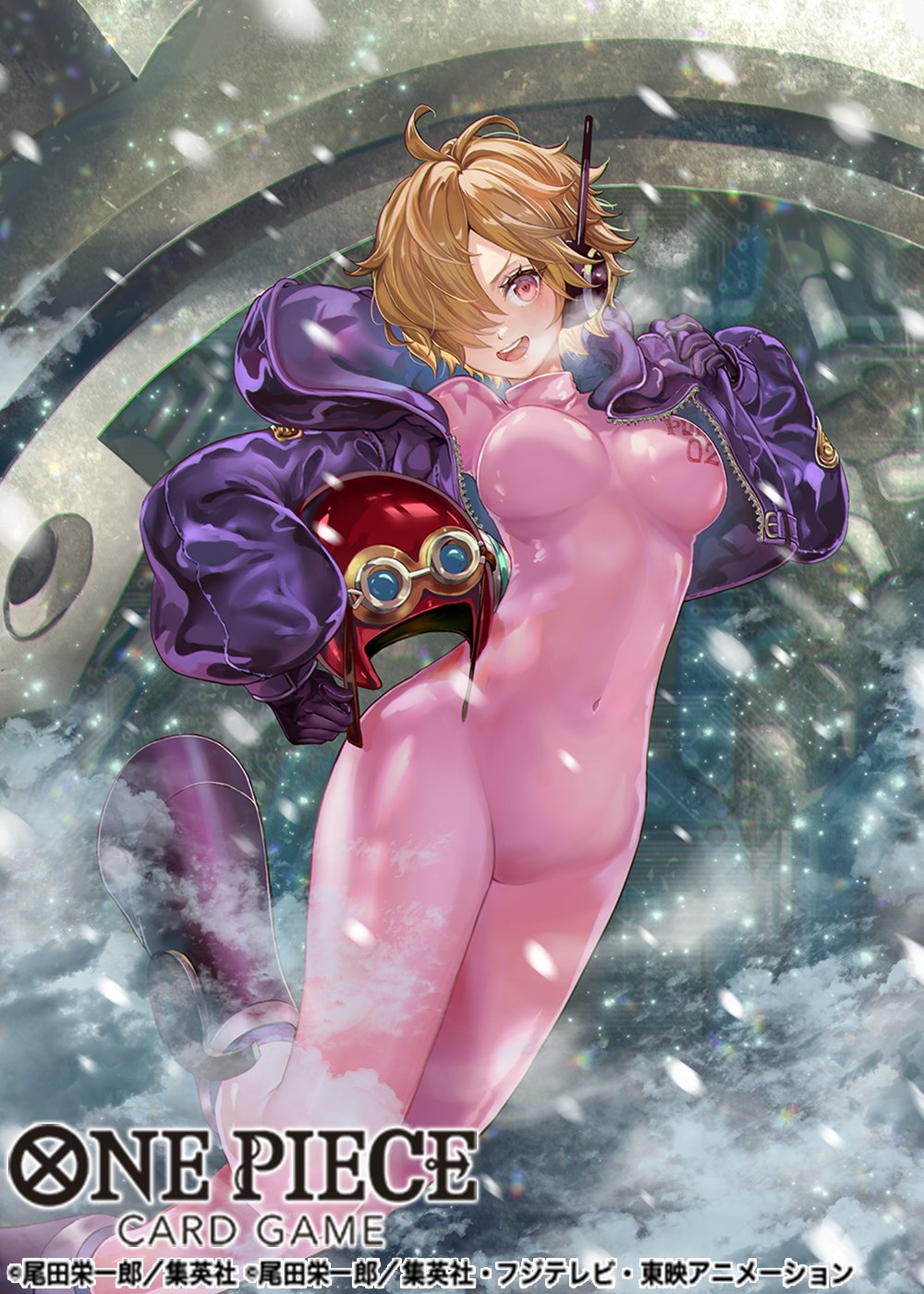 1girl bodysuit breasts earpiece gloves hair_over_one_eye helmet highres jacket large_breasts leather leather_jacket looking_at_viewer official_art one_eye_covered one_piece open_clothes open_jacket open_mouth pink_bodysuit pisuke purple_jacket short_hair smile snow solo vegapunk_lilith