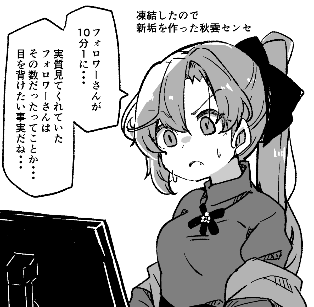 1girl akigumo_(kancolle) commentary_request fang greyscale kantai_collection kodachi_(kuroyuri_shoukougun) long_hair monitor monochrome official_alternate_costume ponytail solo sweater translation_request upper_body