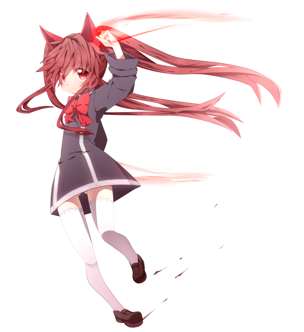 aloe_(quiz_magic_academy) animal_ears arm_up black_dress black_sleeves bow bowtie brown_footwear brown_hair cat_ears closed_mouth dress light_frown long_hair long_sleeves looking_at_viewer no_panties palms quiz_magic_academy red_bow red_bowtie red_eyes running school_uniform shoes sidelocks simple_background speed_lines thighhighs twintails usamata uwabaki v-shaped_eyebrows very_long_hair white_background white_thighhighs