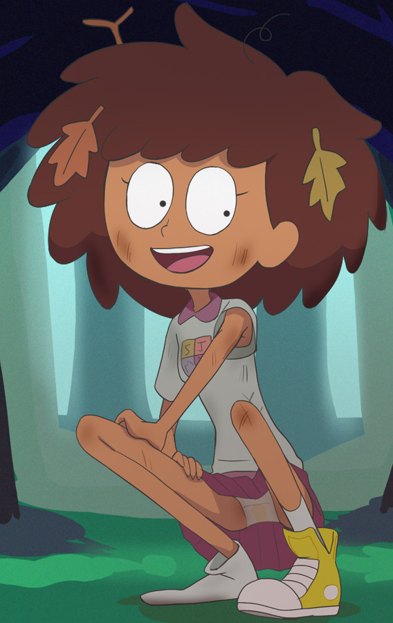 1girl :d amphibia anne_boonchuy armpit_crease brown_hair dark-skinned_female dark_skin full_body haruyama_kazunori long_hair looking_at_viewer no_eyebrows off-topic official_style open_mouth outdoors panties shoes skirt smile sneakers socks solo squatting toon_(style) tree underwear upskirt white_panties white_socks