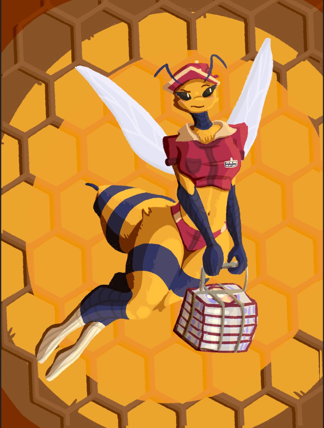 abstract_background antennae_(anatomy) anthro arthropod arthropod_abdomen bee big_breasts black_body black_exoskeleton black_sclera breasts clothed clothing container crop_top delivery_(commerce) delivery_employee digital_media_(artwork) ember35305349 exoskeleton eyebrows eyelashes female flying food_carrier food_delivery footwear full-length_portrait fur hat headgear headwear hexagon_background hi_res holding_container holding_object hymenopteran insect insect_wings midriff name_tag navel panties pantsless pizza_bee_(xexeezy) pizza_box pizza_delivery pizza_delivery_carrier pockets portrait pupils red_clothing red_crop_top red_hat red_headwear red_panties red_shirt red_topwear red_underwear shirt snout socks solo topwear underwear white_clothing white_footwear white_pupils white_socks wings yellow_body yellow_fur