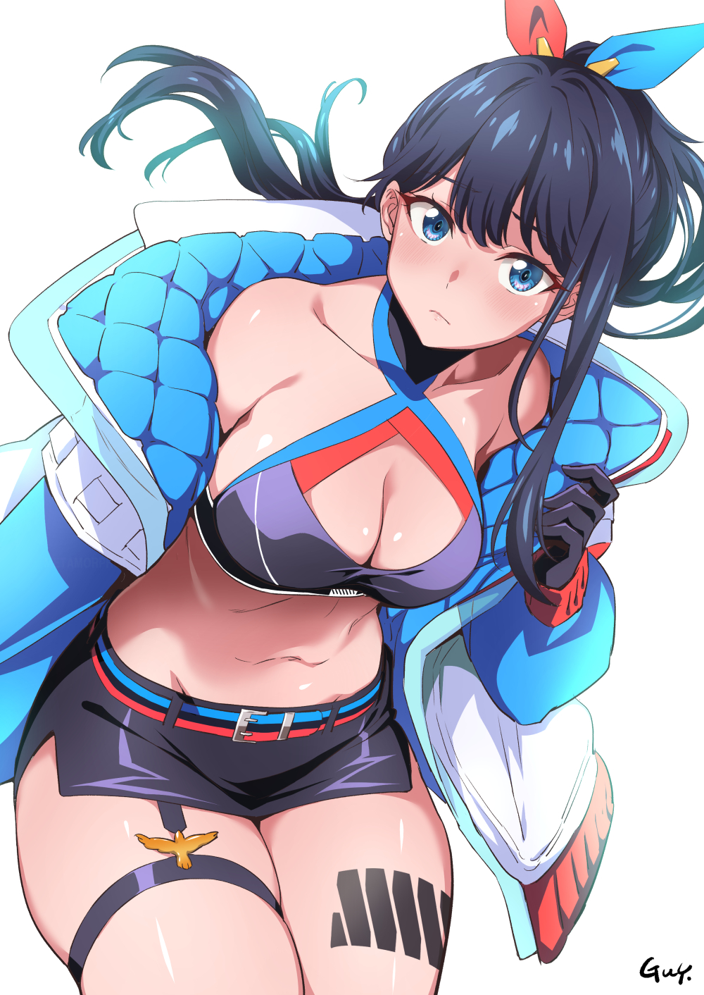 1girl black_gloves black_hair black_skirt blue_eyes blue_jacket blush bow bowtie breasts cleavage collarbone commentary cowboy_shot crop_top gloves gridman_universe gridman_universe_(film) highres jacket large_breasts legs long_hair long_sleeves looking_at_viewer microskirt miniskirt nakahira_guy navel official_alternate_costume open_clothes open_jacket red_bow red_bowtie skirt solo ssss.gridman takarada_rikka thick_thighs thigh_strap thighs white_background