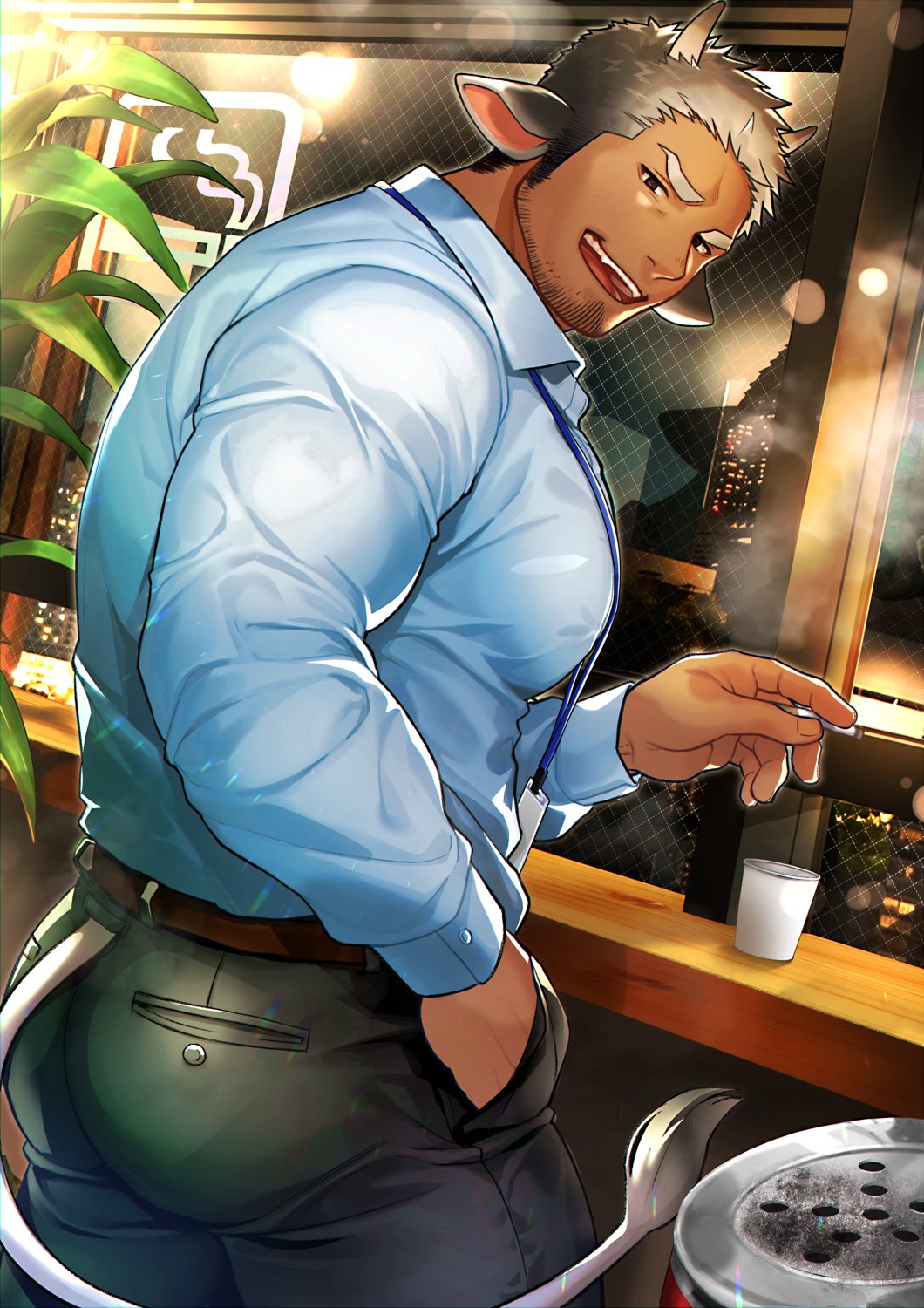 1boy animal_ears bara belt black_pants blue_shirt brown_belt cigarette collared_shirt cow_boy cow_ears cow_horns cow_tail facial_hair gozu_farm hand_in_pocket highres holding holding_cigarette horns indoors large_pectorals looking_at_viewer male_focus muscular muscular_male open_mouth original pants pectorals shirt smile solo tail textless_version