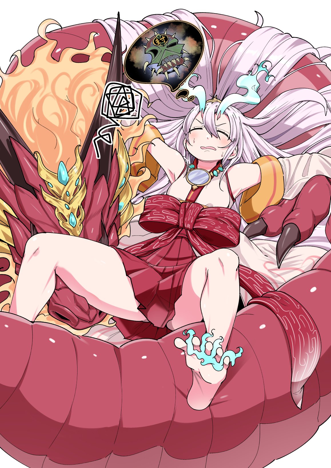 1girl aoi_takeru aqua_fire bare_shoulders barefoot blue_fire bow breasts closed_eyes commission detached_sleeves dragon duel_monster fiery_horns fire flaming_horns hair_between_eyes hair_ornament highres horns japanese_clothes jewelry kimono kurikara_divincarnate long_hair long_sleeves m_legs mask mask_of_restrict mirror nightmare skeb_commission sleeping sleeveless sleeveless_kimono solo white_hair wide_sleeves yu-gi-oh!