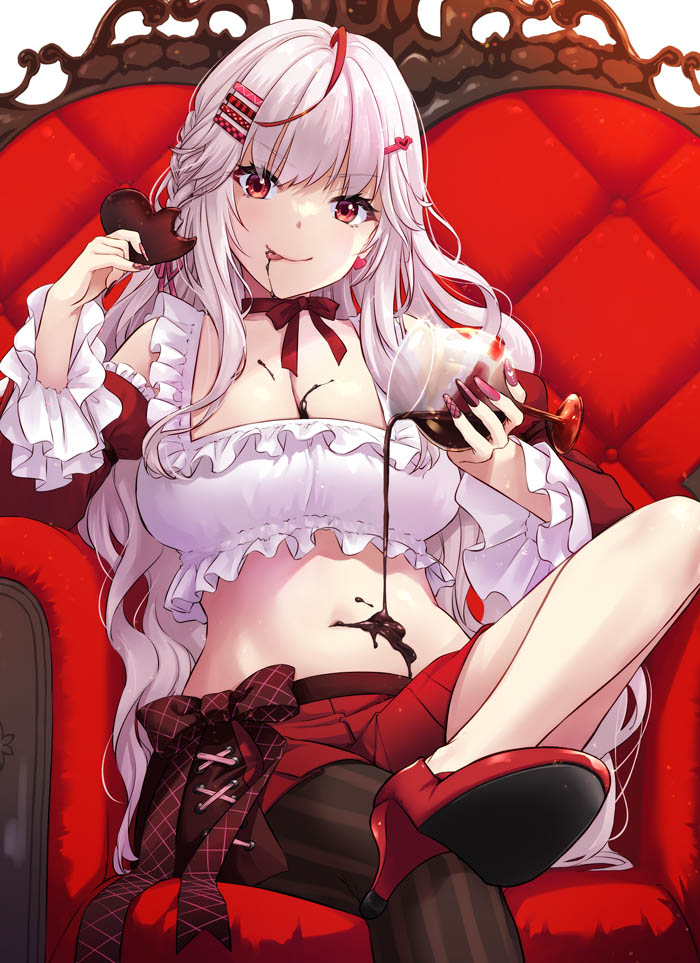 1girl :p ahoge breasts chocolate chocolate_on_body crop_top detached_sleeves food_on_body grey_hair hair_ornament hairclip high_heels large_breasts looking_at_viewer nakajima_yuka neck_ribbon original pleated_skirt red_eyes red_skirt ribbon single_leg_pantyhose sitting skirt solo tongue tongue_out valentine