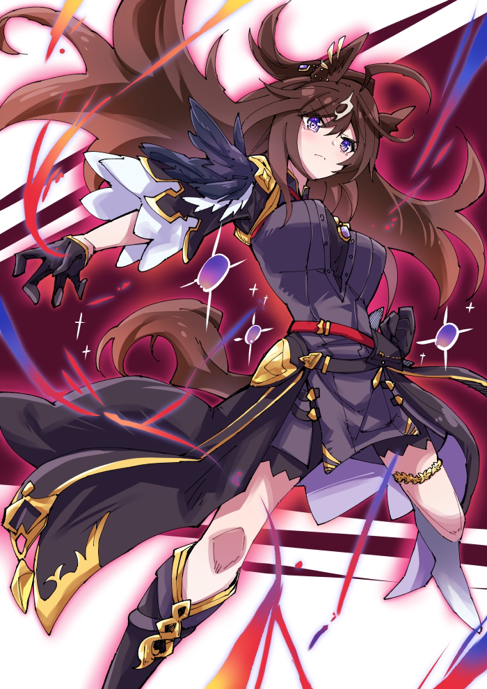 1girl animal_ears aura belt black_dress black_gloves black_jacket blue_eyes breasts brown_hair closed_mouth commentary_request cowlick dress duramente_(umamusume) expressionless feathers feet_out_of_frame gloves hand_on_own_hip hand_up horse_ears horse_girl horse_tail jacket long_hair looking_at_viewer medium_breasts nodachi_(artist) short_dress solo standing tail thigh_strap umamusume white_background