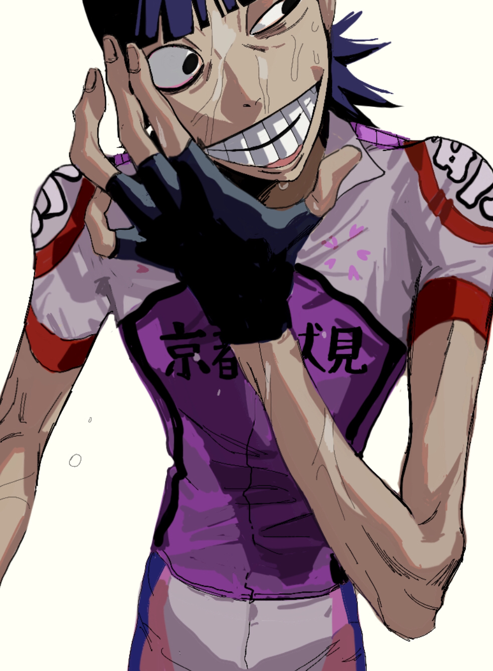 1boy bags_under_eyes black_eyes black_gloves blunt_bangs broad_shoulders commentary commentary_request cowboy_shot cycling_uniform english_commentary fingerless_gloves gloves grin hand_up highres long_arms looking_to_the_side male_focus midousuji_akira purple_hair purple_shirt shirt short_hair short_sleeves simple_background skinny smile solo standing sweat tada_(anuanu134) uneven_eyes very_sweaty white_background yowamushi_pedal