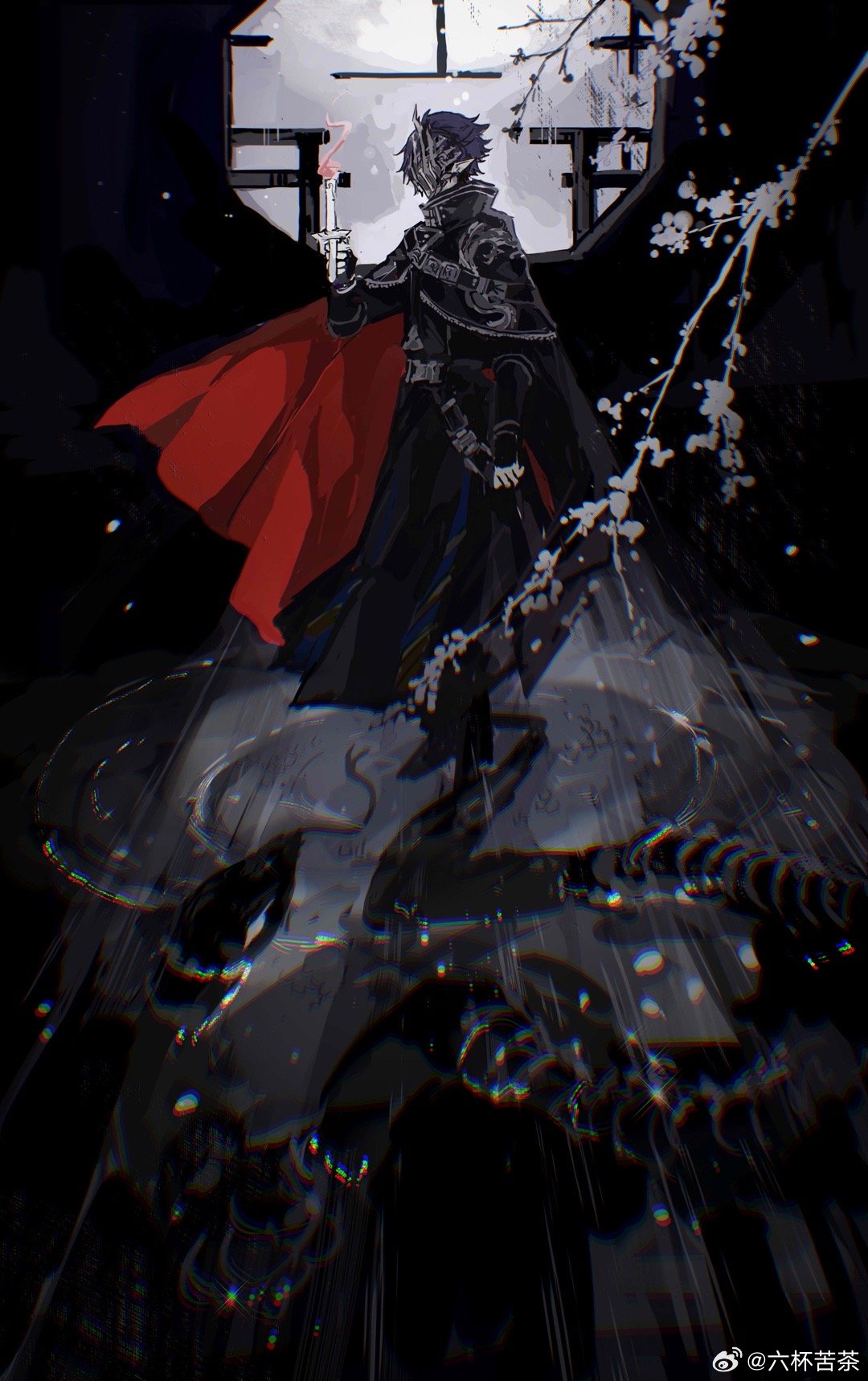 1boy arknights black_cape black_robe black_theme branch candle candlestand cape chinese_commentary chromatic_aberration commentary_request covered_eyes covered_face covered_mouth dark full_body hand_up high_collar highres holding liu_bei_ku_cha male_focus mask pointy_ears purple_hair red_cape robe short_hair solo sparkle standing two-sided_cape two-sided_fabric watermark weibo_logo zuo_le_(arknights)